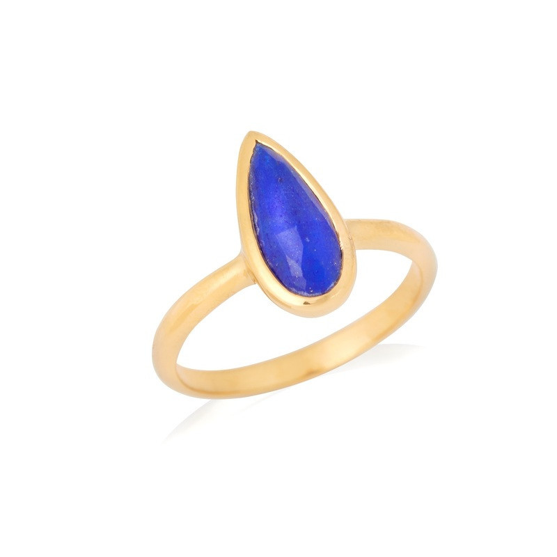 Anello a goccia in lapislazzuli blu naturale, in argento 925 dorato oro