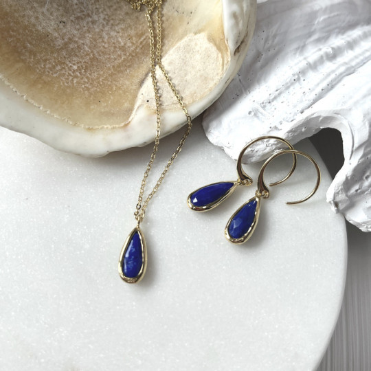 Anillo de gota de lapislázuli azul natural, en plata 925 dorado oro