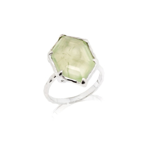Large natural green prehnite stone hexagon ring, in rhodium-plated 925 silver