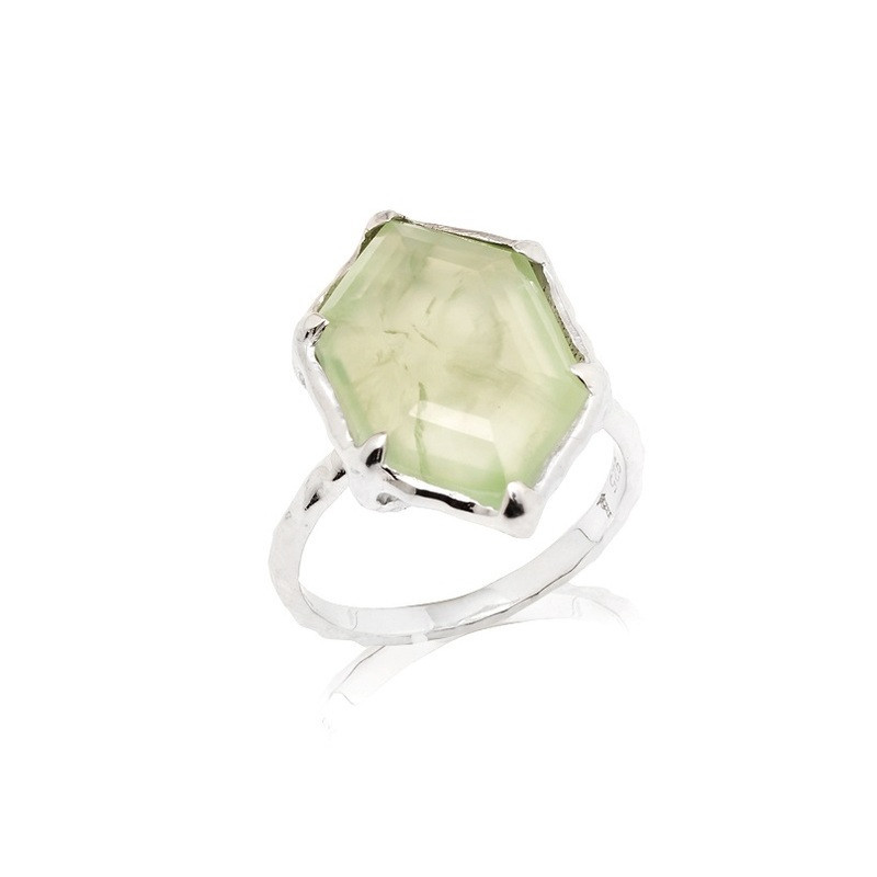 Anello esagonale grande in pietra naturale prehnite verde, in argento 925 rodiato