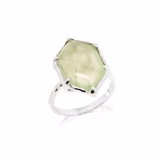 Bague grande pierre en préhnite verte naturelle hexagone, en argent 925 rhodié