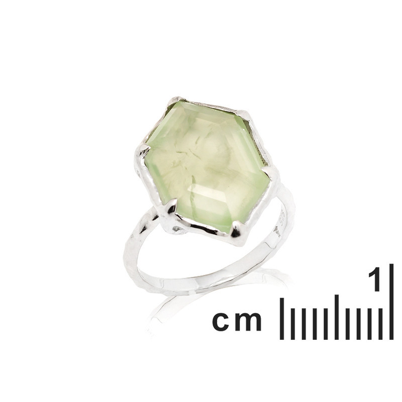 Anello esagonale grande in pietra naturale prehnite verde, in argento 925 rodiato