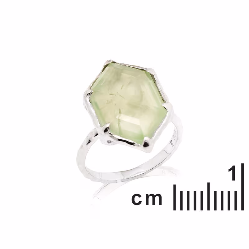 Bague grande pierre en préhnite verte naturelle hexagone, en argent 925 rhodié