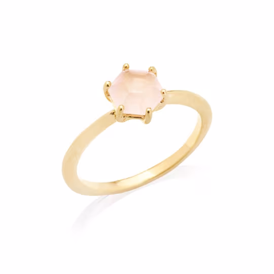 Anello esagonale in quarzo rosa naturale, in argento 925 dorato oro