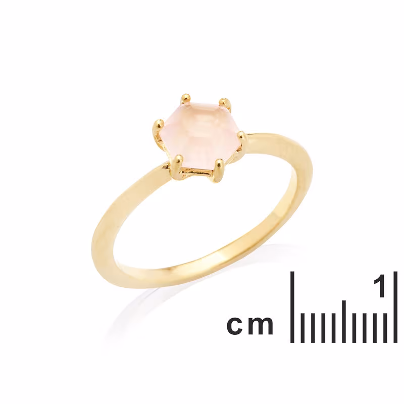 Anello esagonale in quarzo rosa naturale, in argento 925 dorato oro