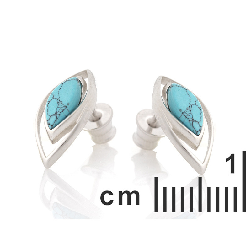 Pendientes de botón de turquesa azul Navette, plata 925 rodiada
