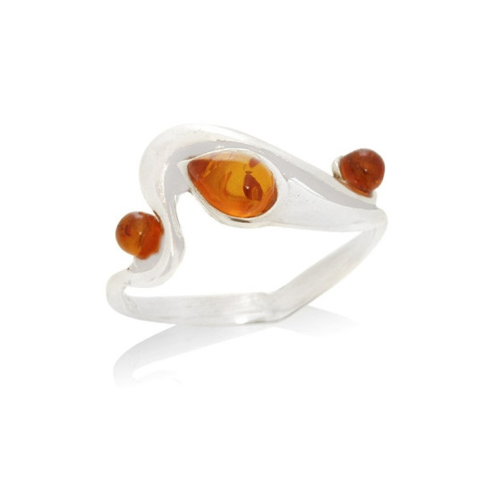 Baltic Sea cognac amber multi-stone ring, navette, in 925 silver