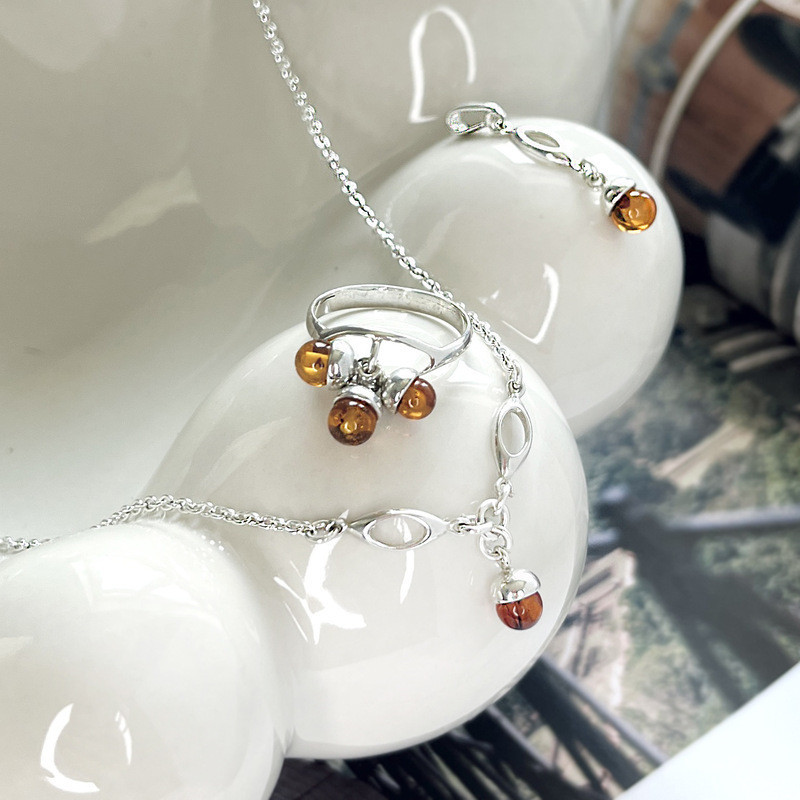 Bague multipierres en ambre cognac de la mer Baltique boule, en argent 925
