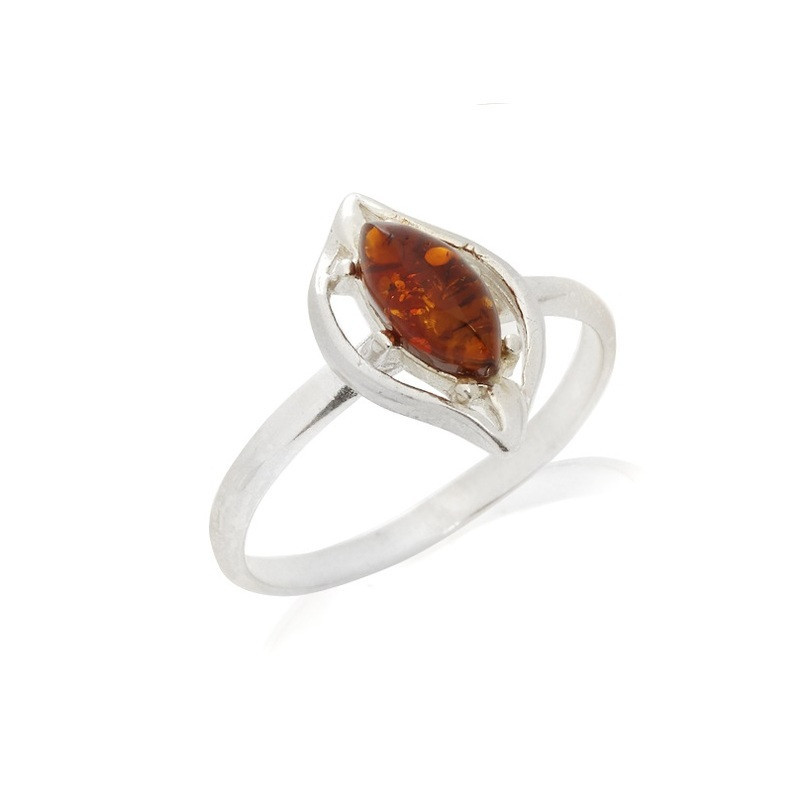 Anillo de ámbar coñac del Mar Báltico, navette, plata 925