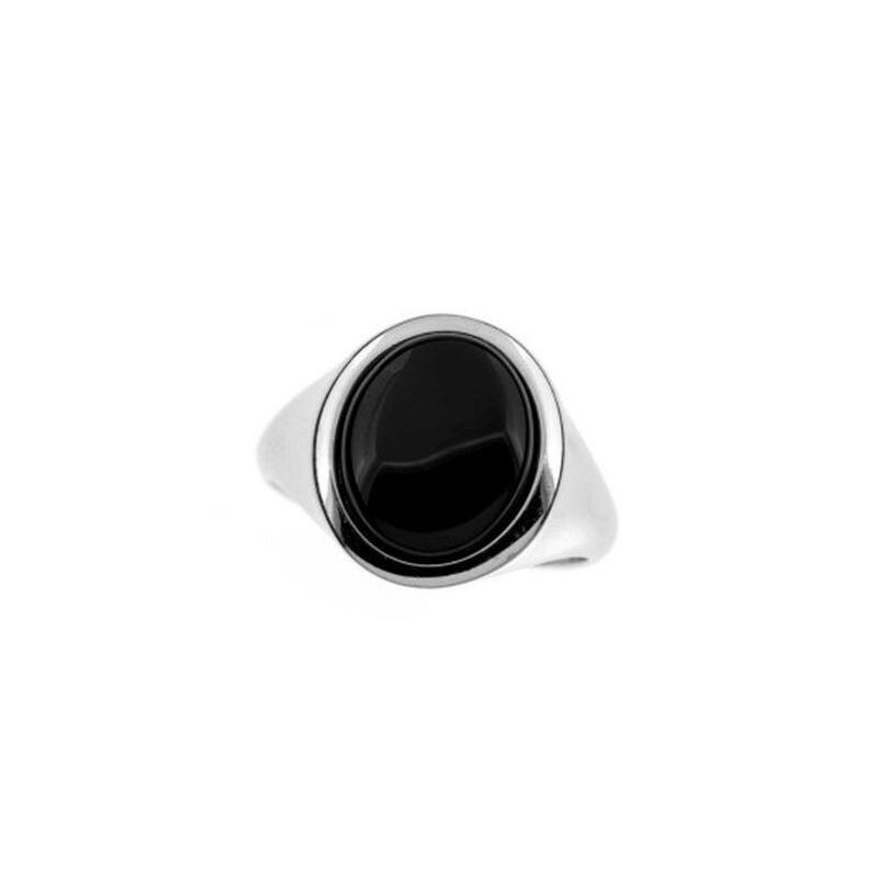 Oval natural black agate ring, rhodium-plated 925 silver
