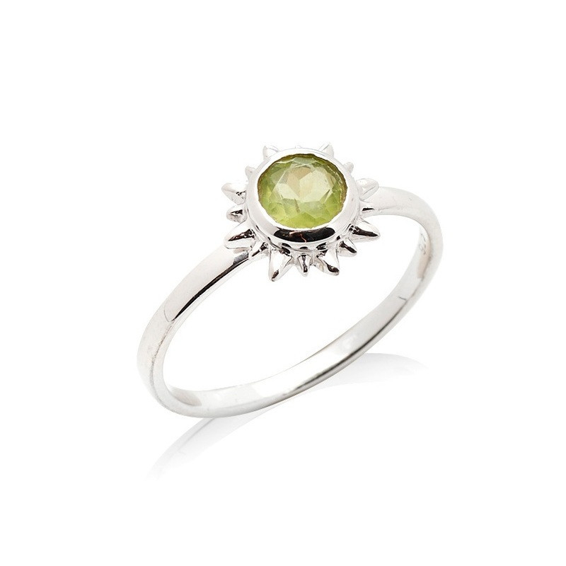 Round natural green peridot sun ring, in rhodium-plated 925 silver