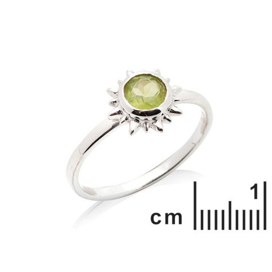 Anillo redondo de peridoto verde natural con forma de sol, en plata 925 rodiada.
