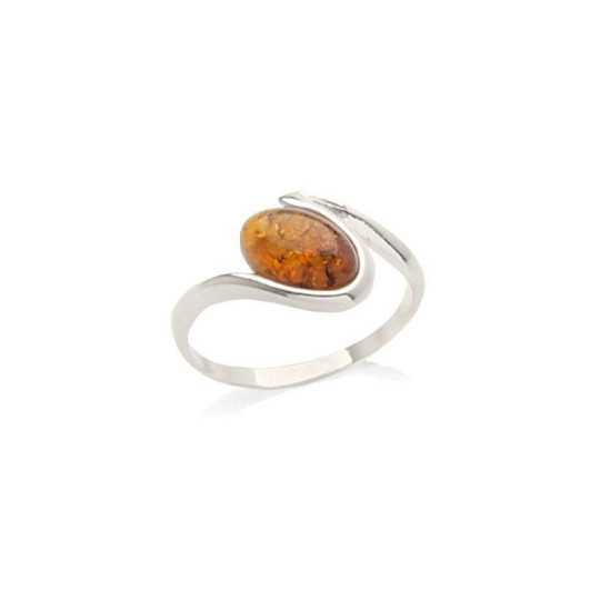 Bague en ambre cognac de la mer Baltique ovale, en argent 925 rhodié