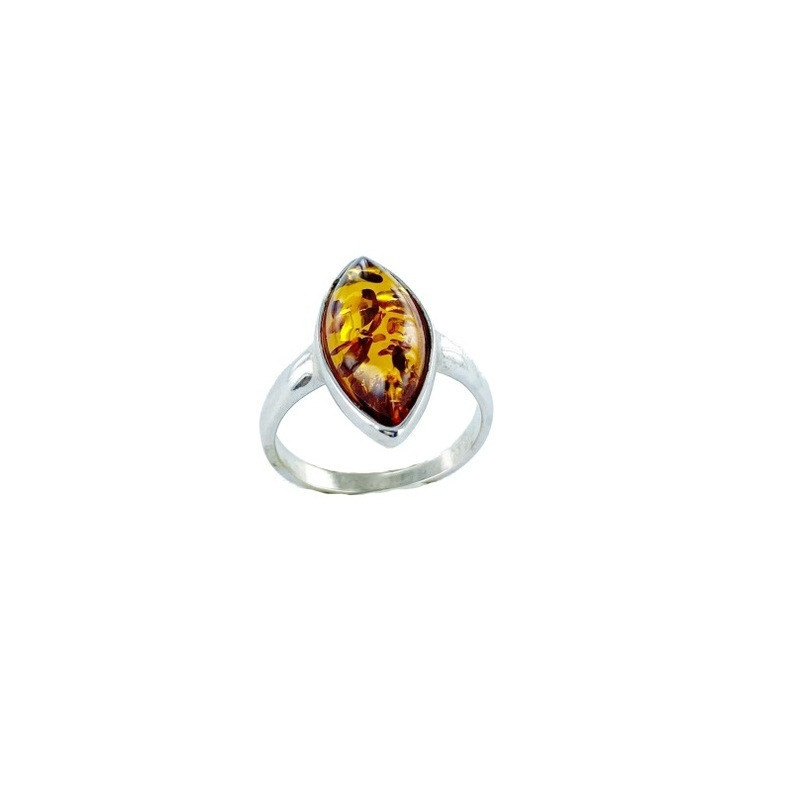 Natural Baltic Sea cognac amber ring, navette, 925 silver