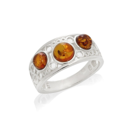 Anillo multipiedra en ámbar coñac redondo, en plata 925 rodiada