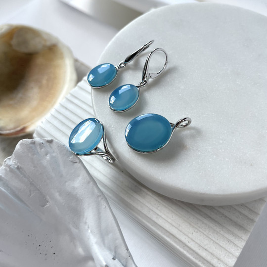 Bague grande pierre en agate bleue naturelle ovale, en argent 925 rhodié