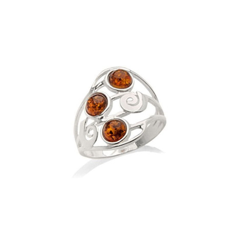 Round Baltic Sea cognac amber ring, rhodium-plated 925 silver