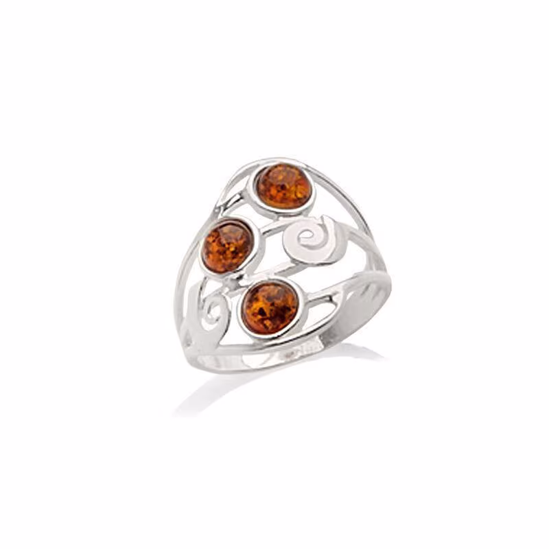 Anello rotondo in ambra cognac del Mar Baltico, argento 925 rodiato