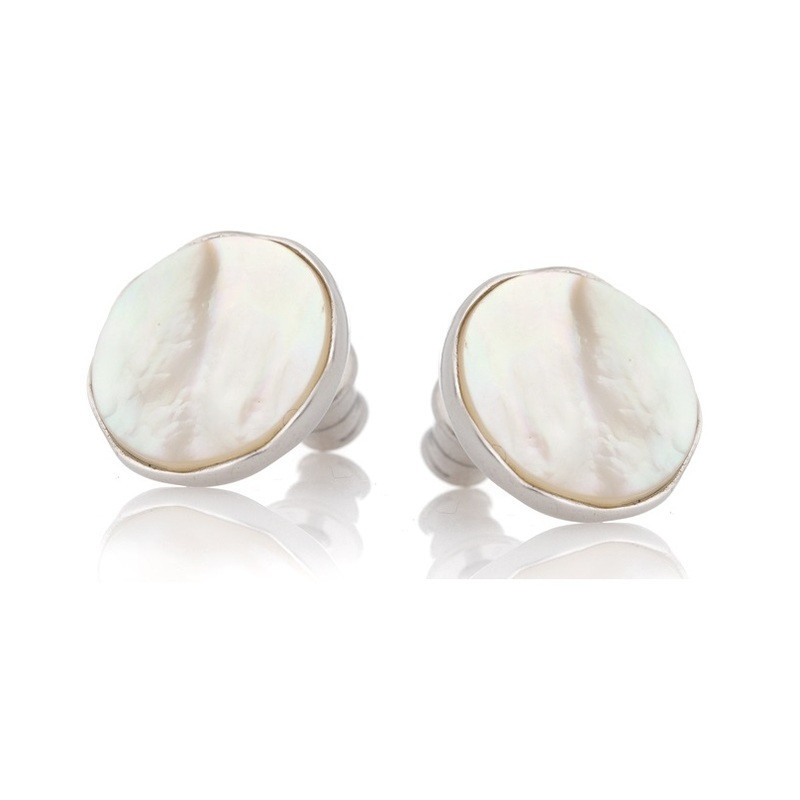 Round natural white mother-of-pearl stud earrings, in rhodium-plated 925 silver