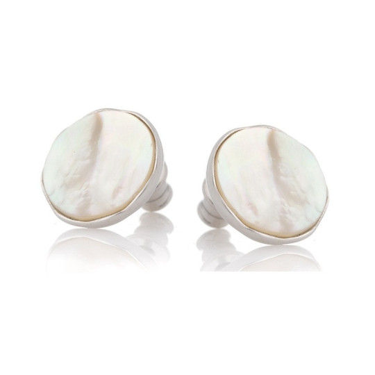 Round natural white mother-of-pearl stud earrings, in rhodium-plated 925 silver