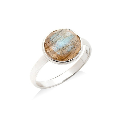 Anello rotondo in labradorite multicolore, in argento 925 rodiato