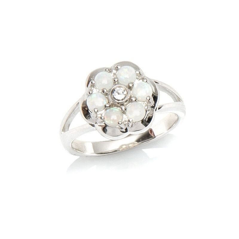 Round opal and zirconium oxide flower ring, in rhodium-plated 925 silver