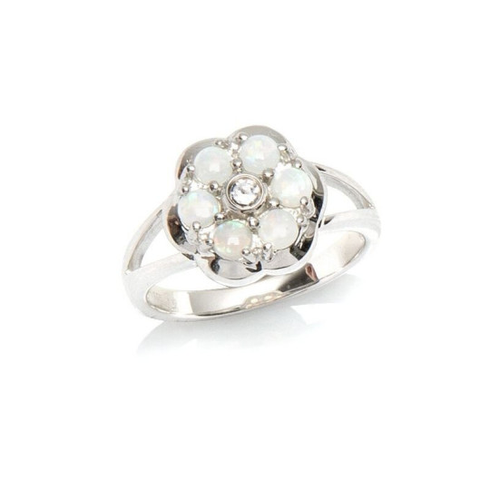 Round opal and zirconium oxide flower ring, in rhodium-plated 925 silver