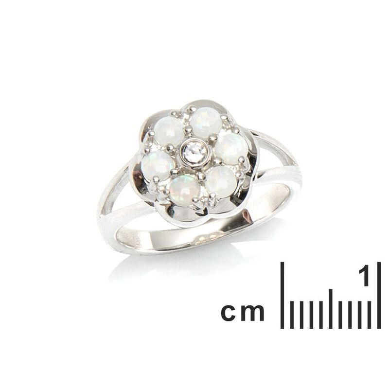 Anello a forma di fiore in opale rotondo e ossido di zirconio, in argento 925 rodiato