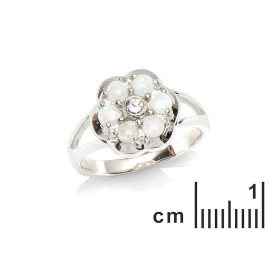 Anello a forma di fiore in opale rotondo e ossido di zirconio, in argento 925 rodiato