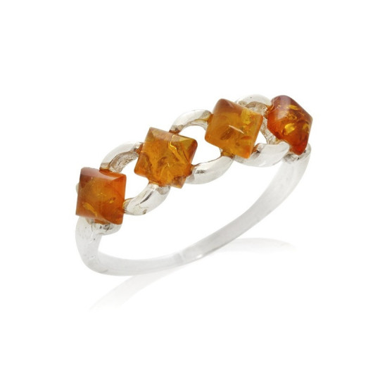 Bague multipierres en ambre cognac de la mer Baltique carrée, en argent 925