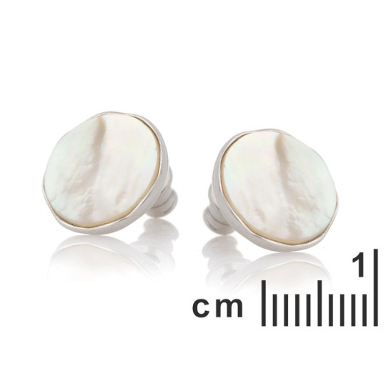 Round natural white mother-of-pearl stud earrings, in rhodium-plated 925 silver