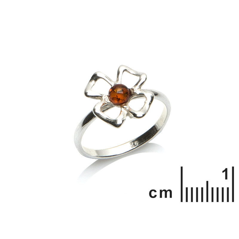Bague fleur en ambre cognac naturel rond, en argent 925
