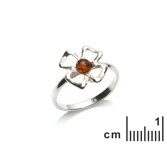 Bague fleur en ambre cognac naturel rond, en argent 925