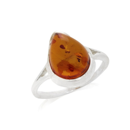 Anello a goccia in ambra naturale color cognac del Mar Baltico, argento 925
