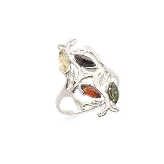 Bague multipierres arbre de vie en ambre navette, en argent 925 rhodié