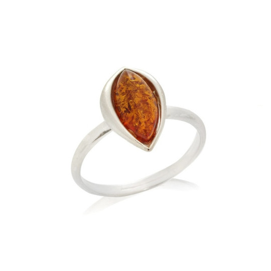 Anello in ambra cognac del Mar Baltico, navette, argento 925