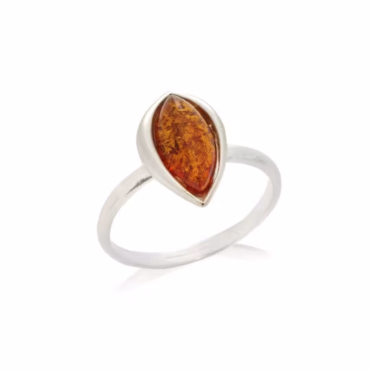 Baltic Sea cognac amber ring, navette, 925 silver