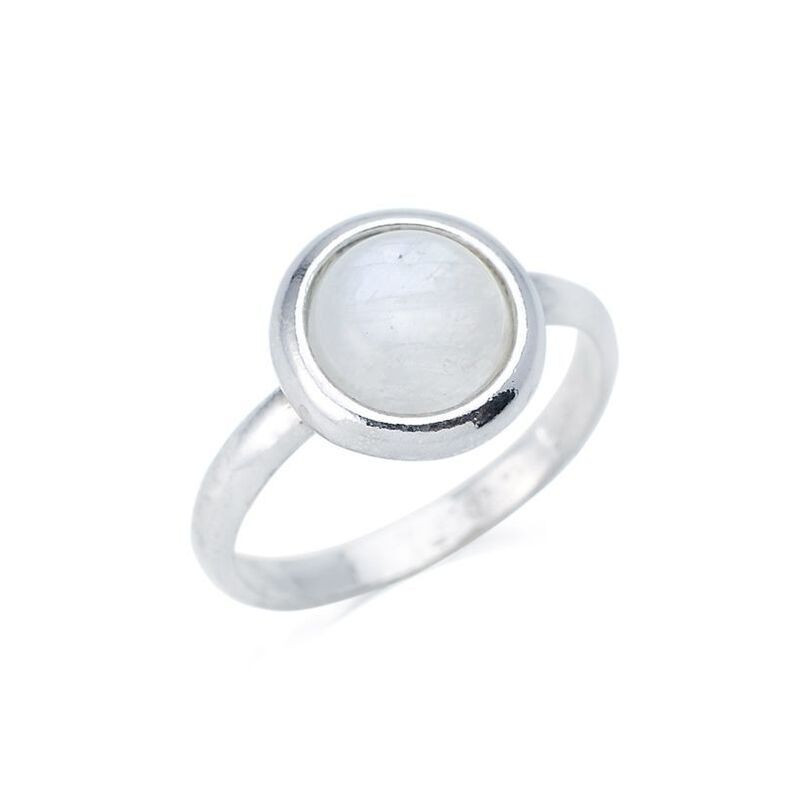 Natural round white moonstone ring, rhodium-plated 925 silver
