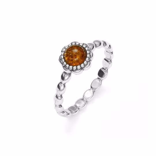 Bague fleur en ambre cognac naturel rond, en argent 925 rhodié