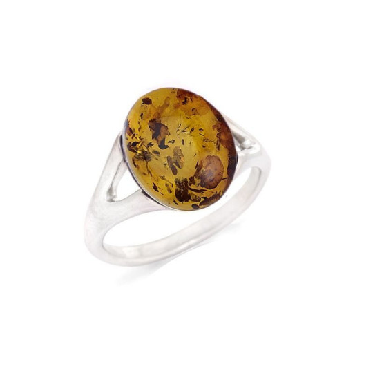 Bague en ambre cognac de la mer Baltique ovale, en argent 925 rhodié