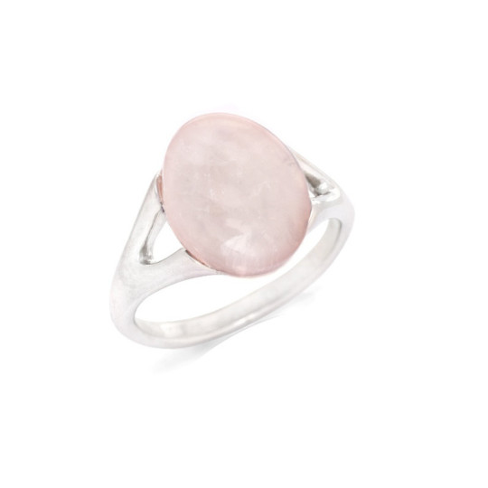 Oval natural rose quartz ring, rhodium-plated 925 silver
