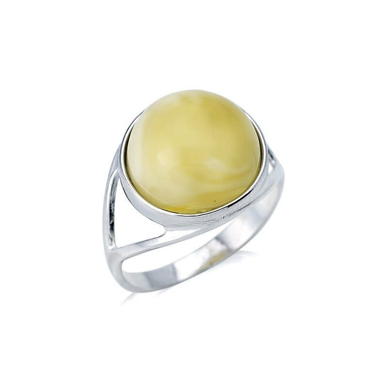 Bague en ambre miel naturel de la mer Baltique rond, en argent 925 rhodié