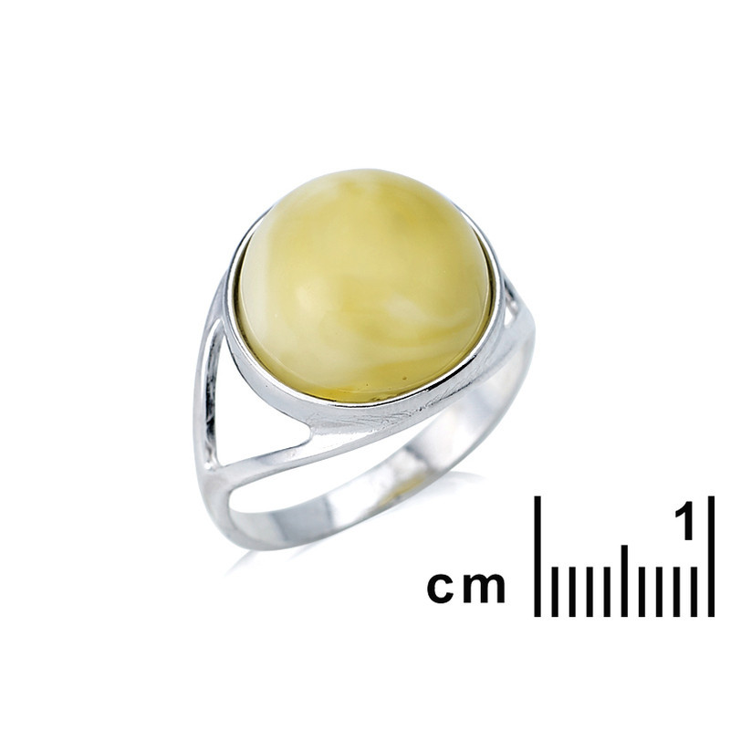 Bague en ambre miel naturel de la mer Baltique rond, en argent 925 rhodié