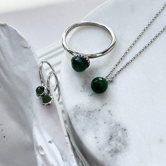 Natural green aventurine ball ring, in rhodium-plated 925 silver