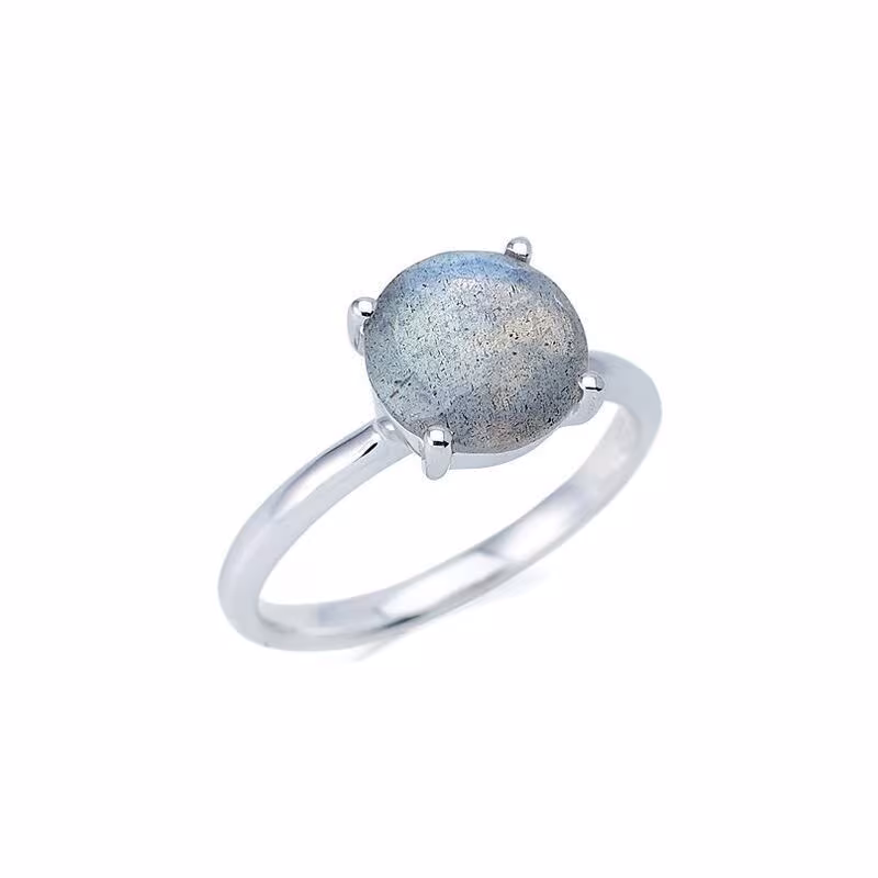 Anillo de labradorita natural redonda multicolor, en plata 925 rodiada