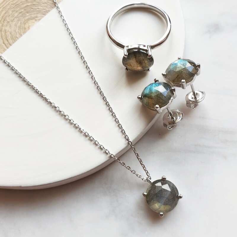 Bague en labradorite multicolore naturelle ronde, en argent 925 rhodié