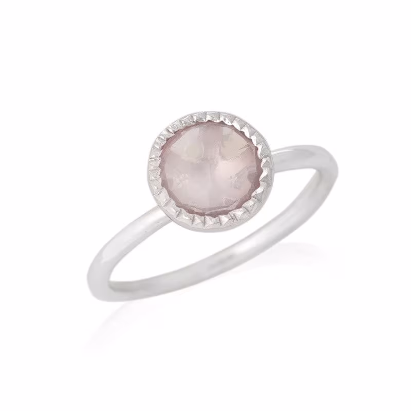 Anillo redondo de cuarzo rosa, plata 925 rodiada