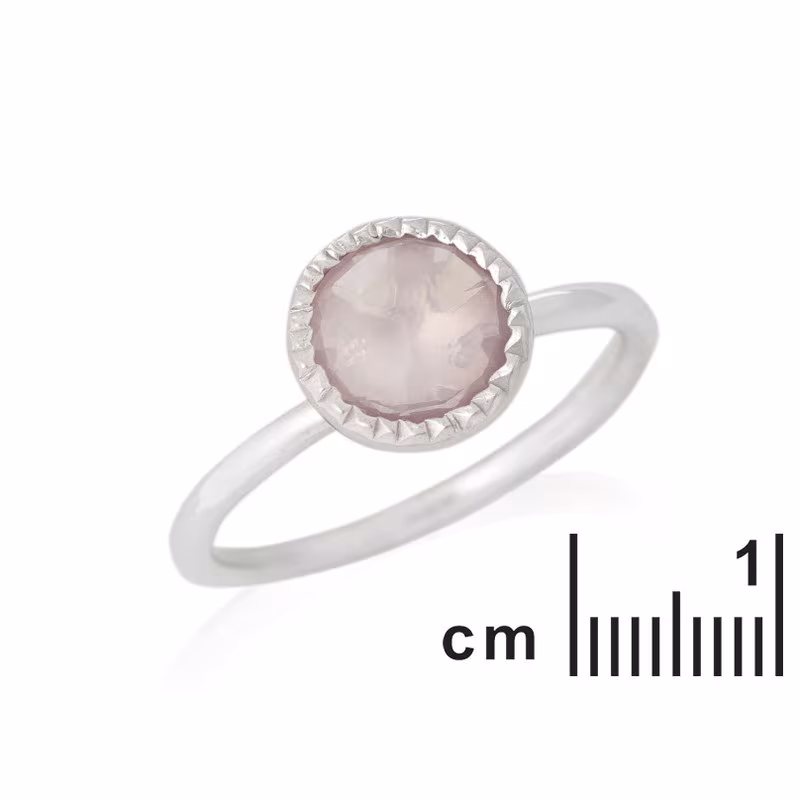 Round rose quartz ring, rhodium-plated 925 silver