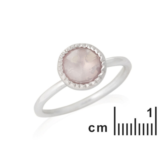 Anello rotondo in quarzo rosa, argento 925 rodiato