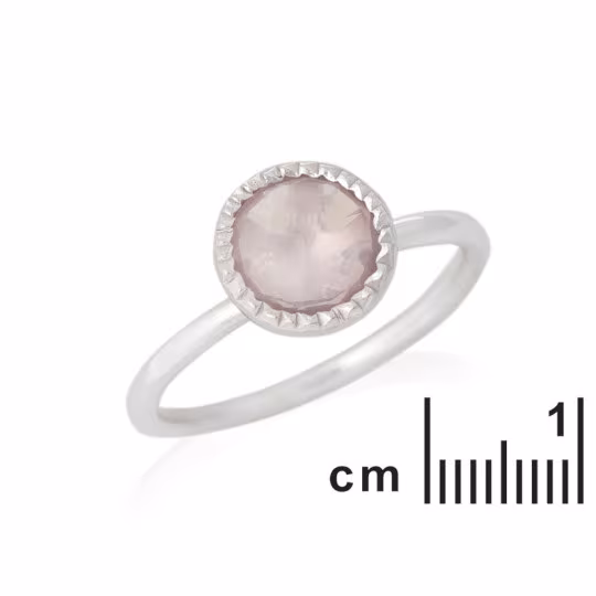 Round rose quartz ring, rhodium-plated 925 silver